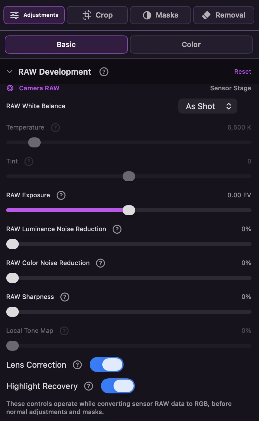 Asterveil RAW development controls in English