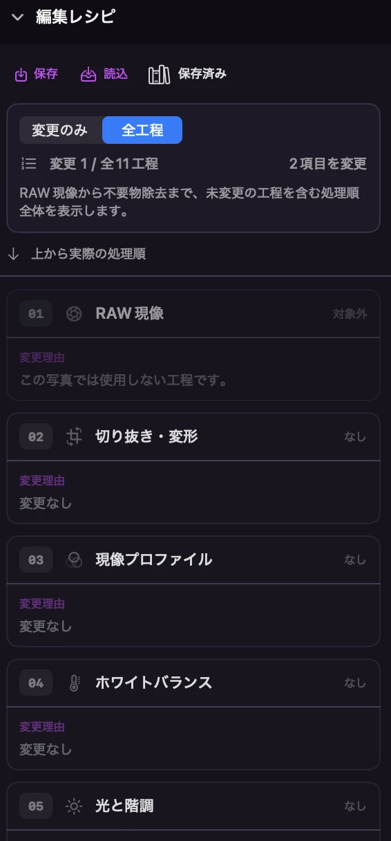 Asterveilの編集レシピパネル