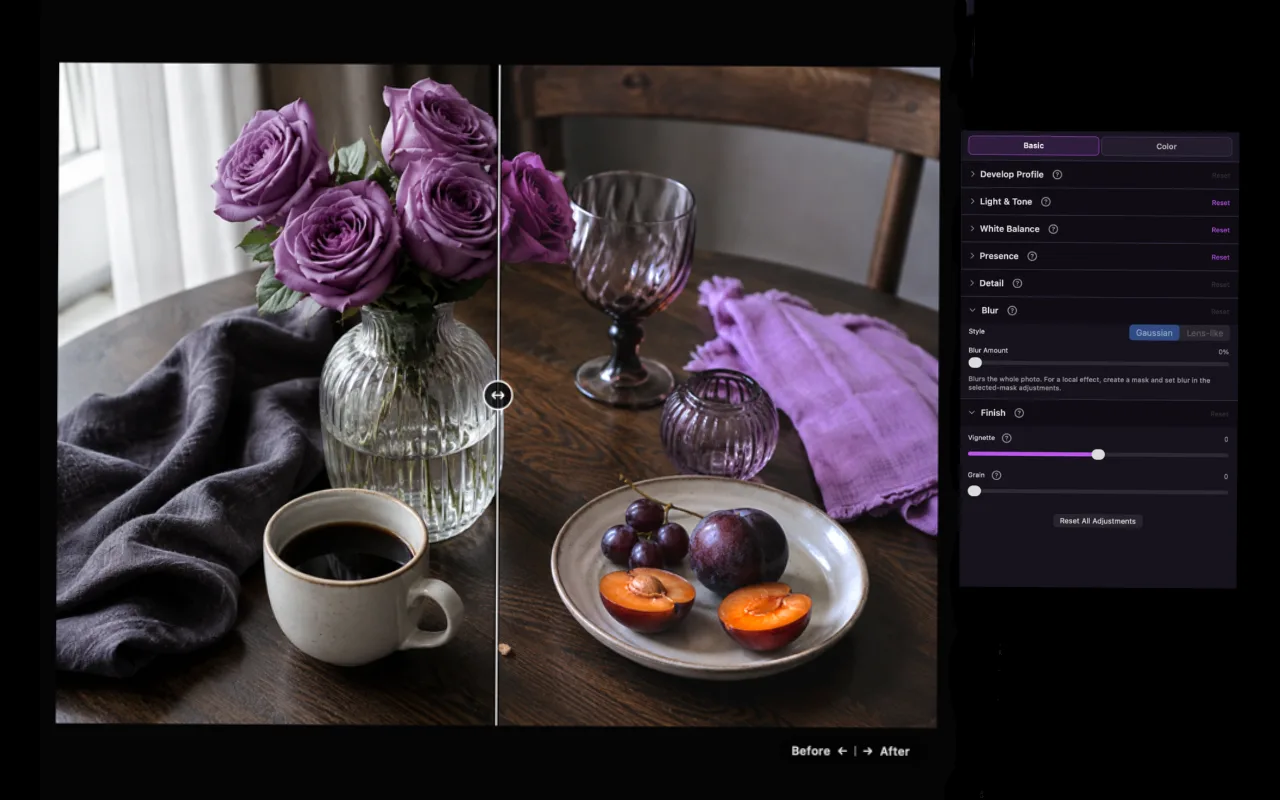 Asterveil photo editor for Mac showing a before and after comparison